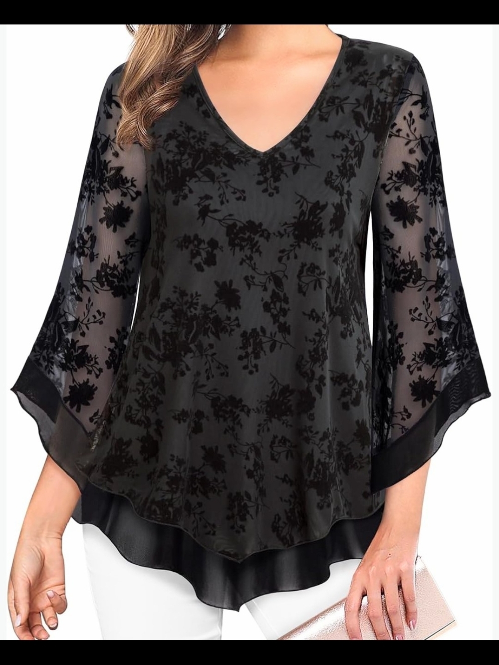 Lotusmile Black Velvet Floral Burnout V-Neck Bell Sheer Sleeves Whimsigoth L